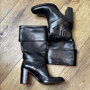 Roberto Del Carlo Black Leather Flap Mid Calf Heeled Boots Size 35/5US